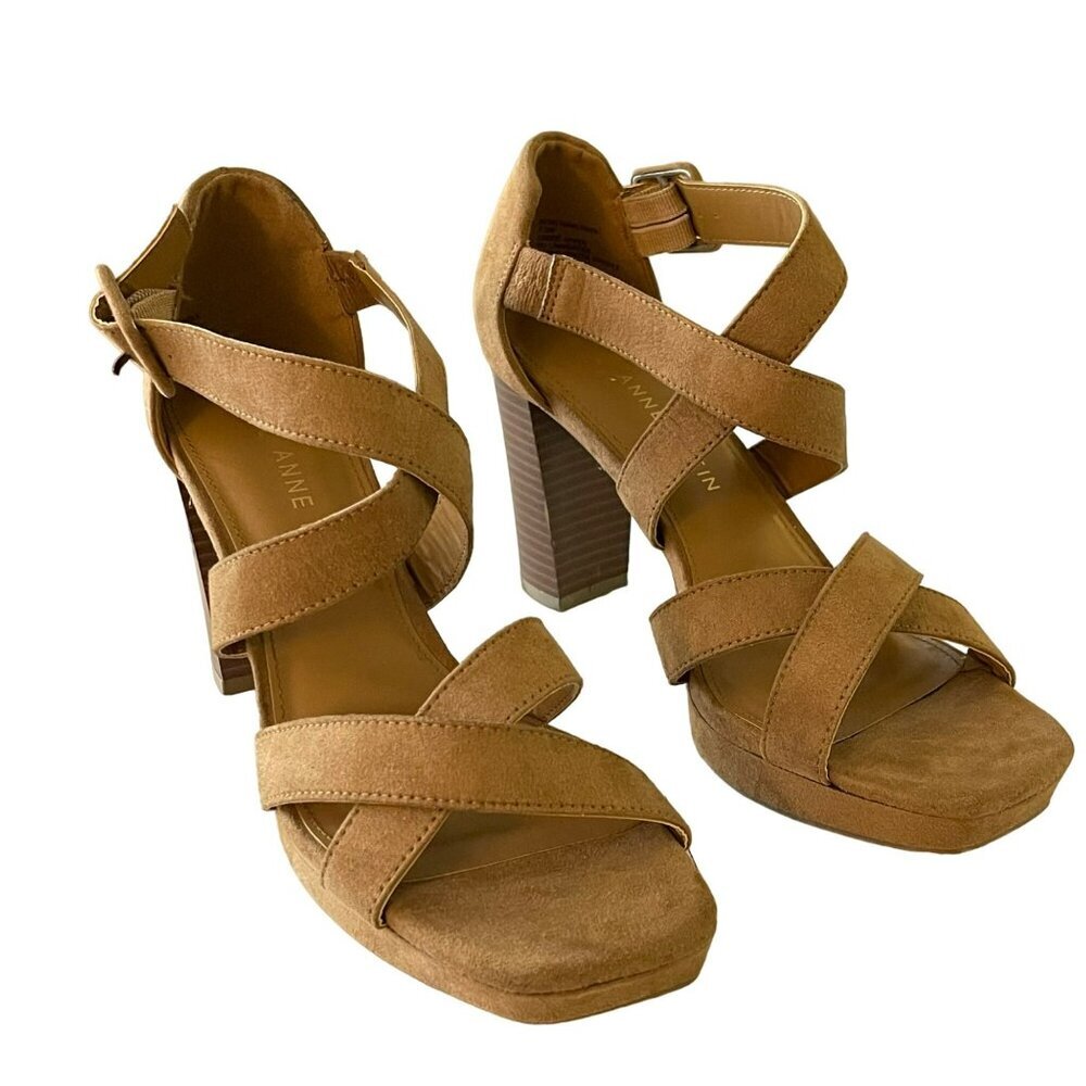 Anne Klein Brown Suede Strappy Block Heel Shoes Size 7.5 NWOB